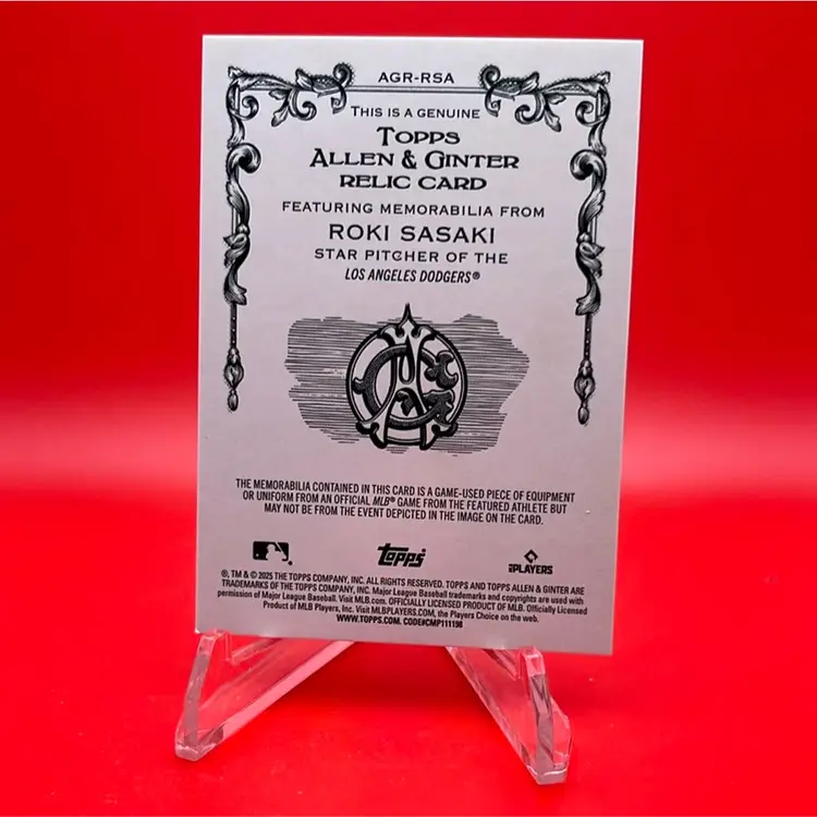Roki Sasaki 2025 Topps Allen & Ginter RC Full Size Relic Los Angeles Dodgers