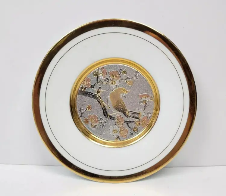 Art of Chokin 24k Gold Gild Trim Plate Bird Cherry Blossoms Flowers 6" Japan