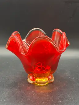 Vintage Flame Amberina Red & Yellow Ombre Footed Glass Candy/ Nut Bowl