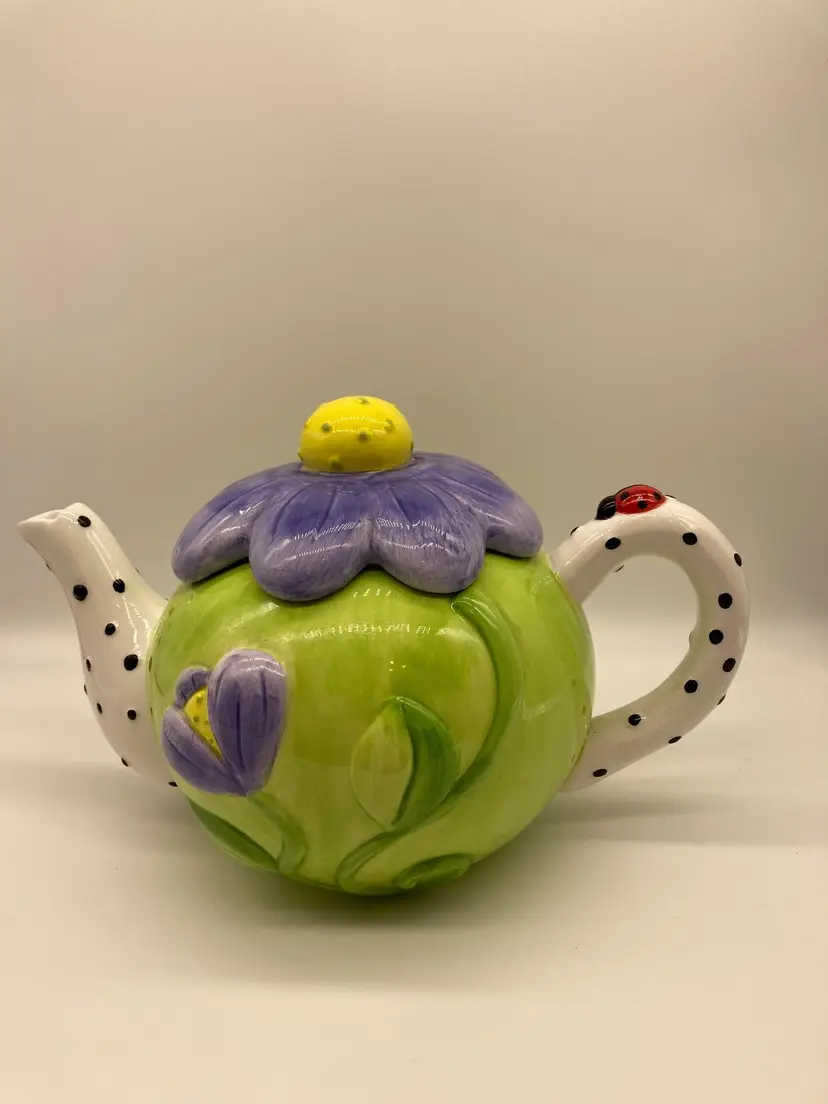 BURTON & BURTON Ceramic TEAPOT Purple Flower Lid Ladybug Handle Polka Dots