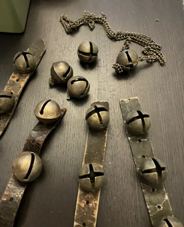 Antique Sleigh Bells on Leather Straps and Chains 18 total bells