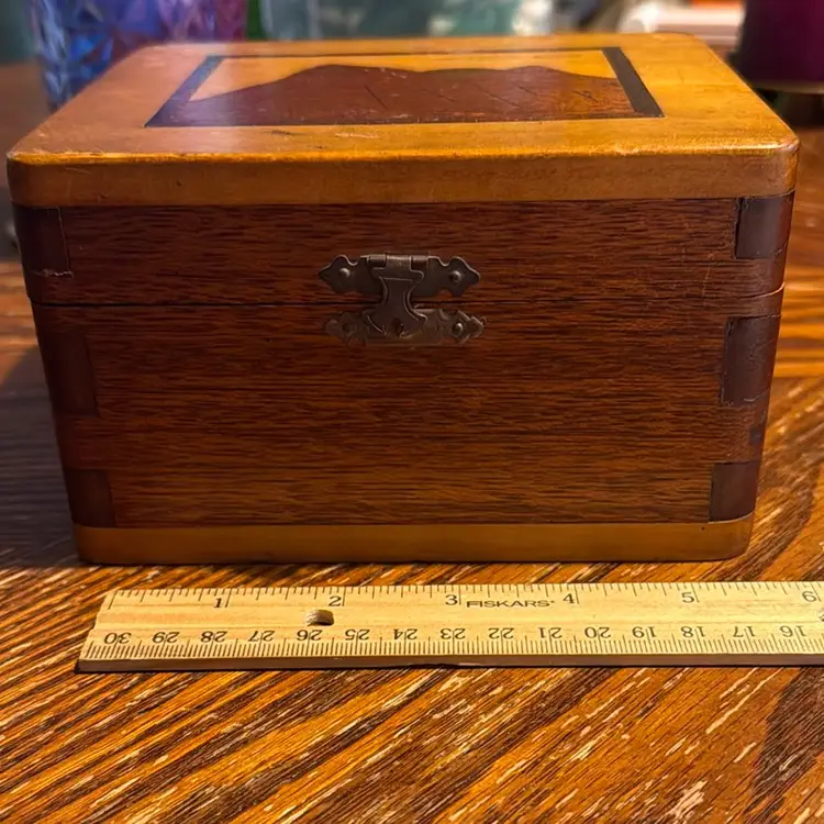 Handmade Antique Wood Box With Beautiful Inlay Picture On Top