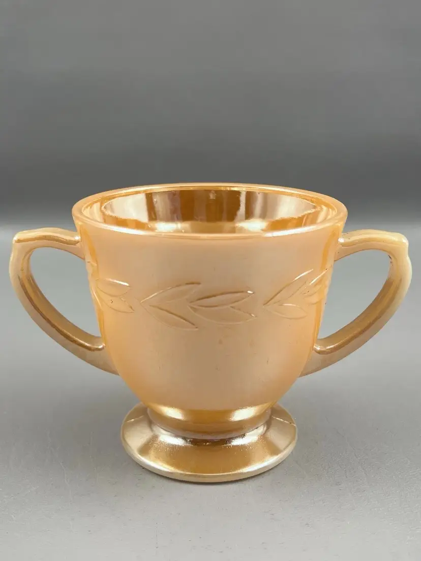 Vintage Fire King Peach Lustre Double Handle Open Sugar Bowl Laurel Leaf 3.5" Pedestal Base