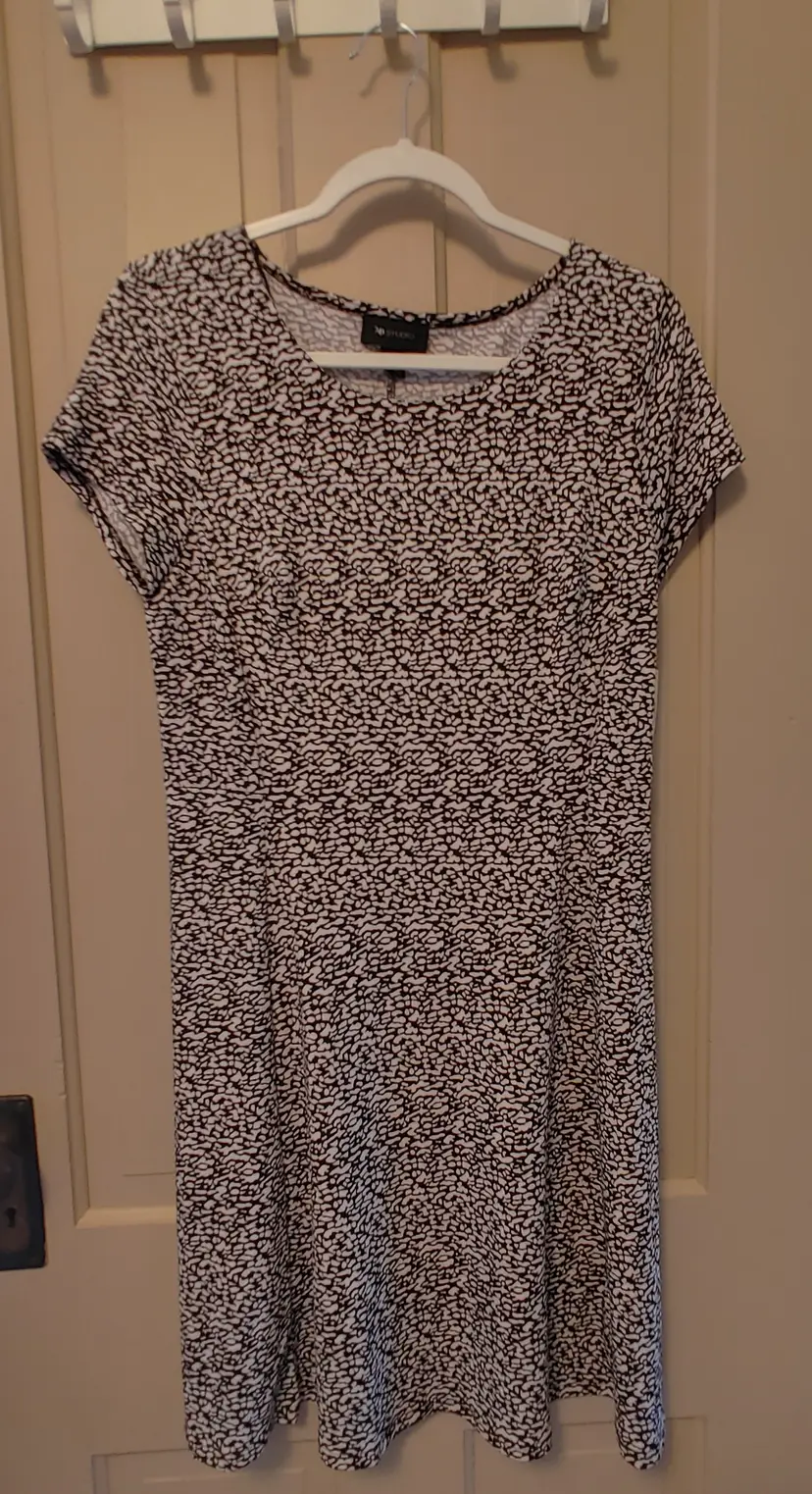 Dress- Brand: AB Studio. Size Medium. NWT. Retail $48. Black & white dress. Material: 96% polyester, 4% spandex. No callouts.