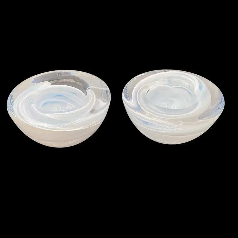 Matching Pair - Kosta Boda (Sweden) Candle/Votive Holders, Atoll White Swirl