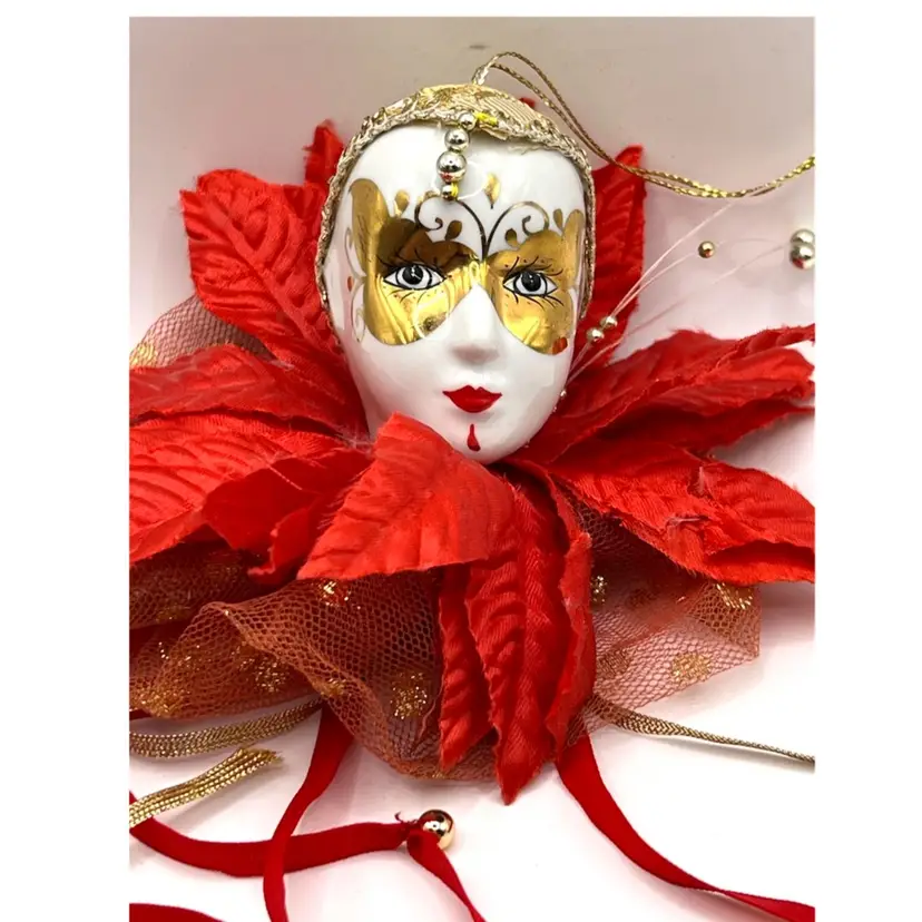 Porcelain Harlequin Clown Face Red Leaves Gold Mask Christmas Ornament 4 in Height