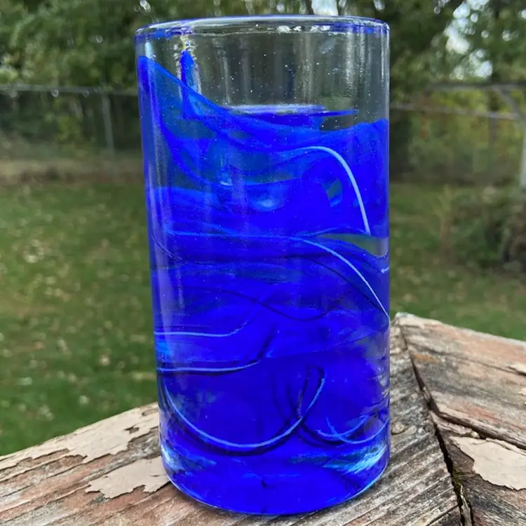 3.22 Pounds, Taper Candlestick Or Votive / Tea Light Holder. Hand-made Art Glass, Hues Of Cobalt Blues & White Swirl. Sticker: Kosta Boda Sweden 1742. 5 3/8”h x 2.75”w