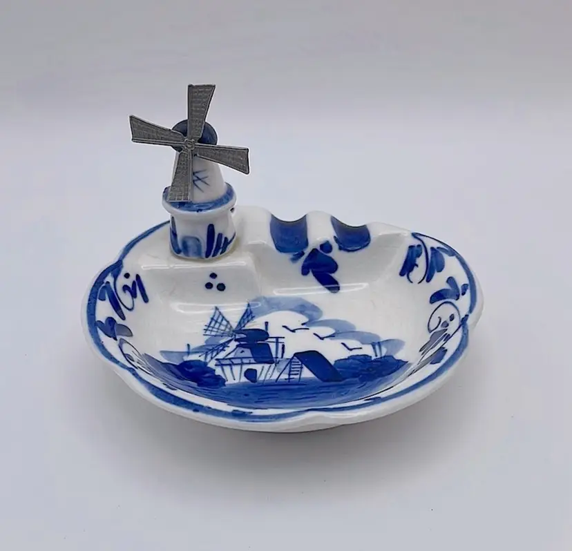 Vintage Hand painted Delft, Miniature, Blue & White Porcelain Ashtray Trinket Dish, Metal Windmill