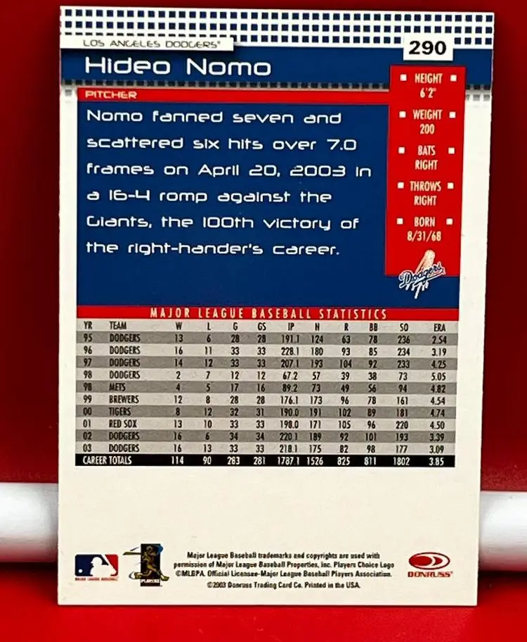 2004 Donruss Collector Baseball Trading Card Dodgers Hideo Nomo #290