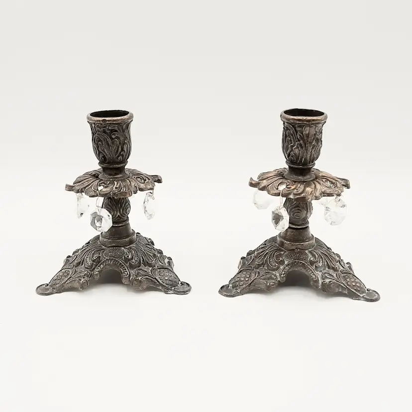 Vintage Ornate Baroque Metal Patina Candlestick Holders with Hanging Faux Crystals Set of 2 Italy