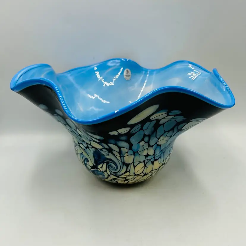 Fenton Dave Fetty 8191 1Q Designer Art Glass Blue Centerpiece Bowl VHTF
