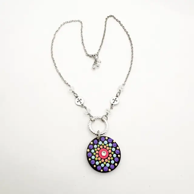 Mandala Necklace Multicolor Hand Painted Silver Tone
