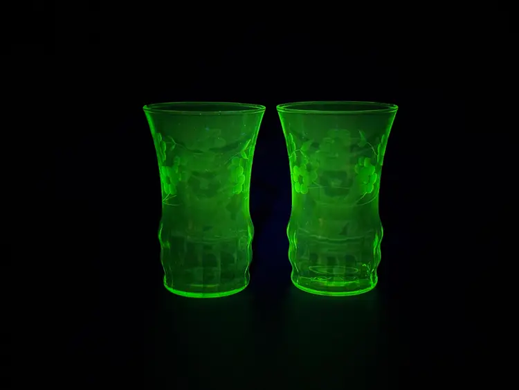 Antique 1920s Dunbar Etched Juice Glasses (Set of 2) Green Depression Glass | Uranium Glass