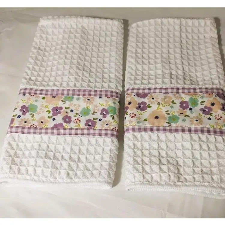 Handmade Country Kitchen Towel 4 piece set - Dish / Tea Towel and Potholders - White and Purple