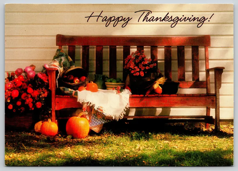 Postcard Happy Thanksgiving Fall Bounty Decorations on Bench Hallmark - 14576