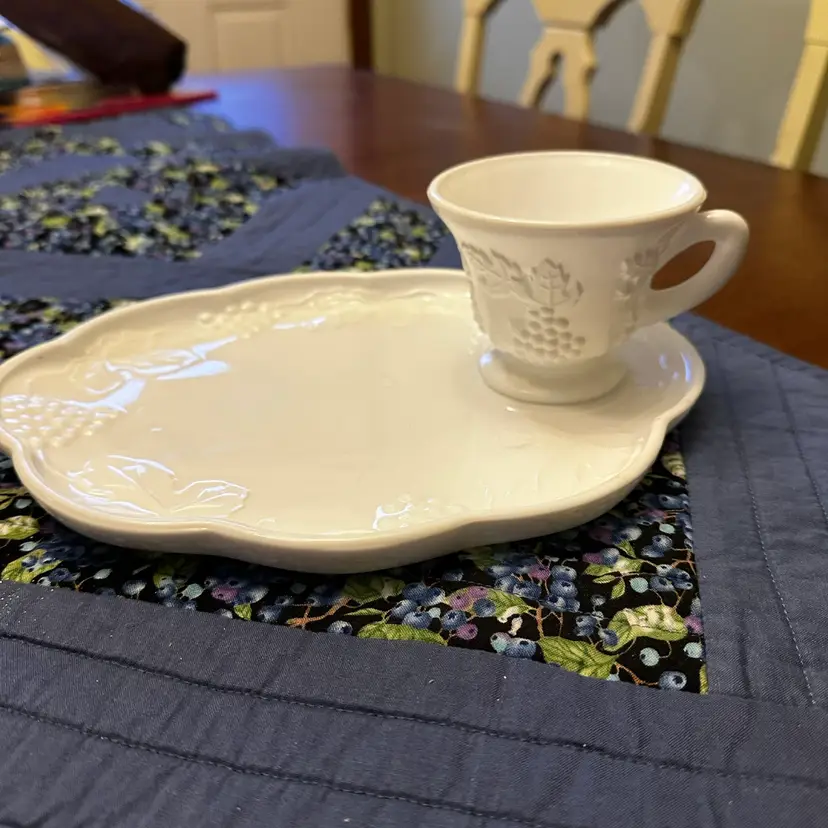 Milk Glass Snack Plates and cup