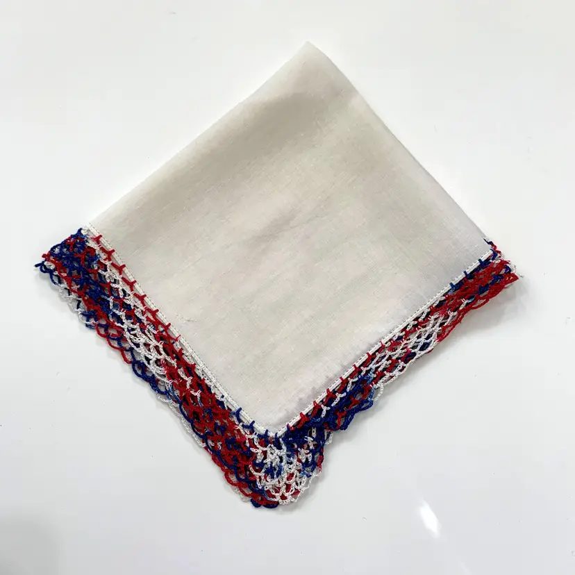 Red White Blue Border Handkerchief Ombre Crochet Lace Vintage Cottage Core Granny
