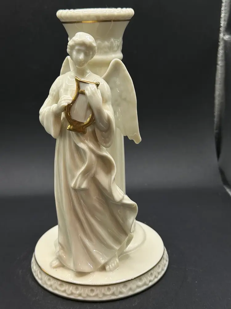Lenox Porcelain White Angel With Harp Candle Stick Holder And Gold Accents 6.75