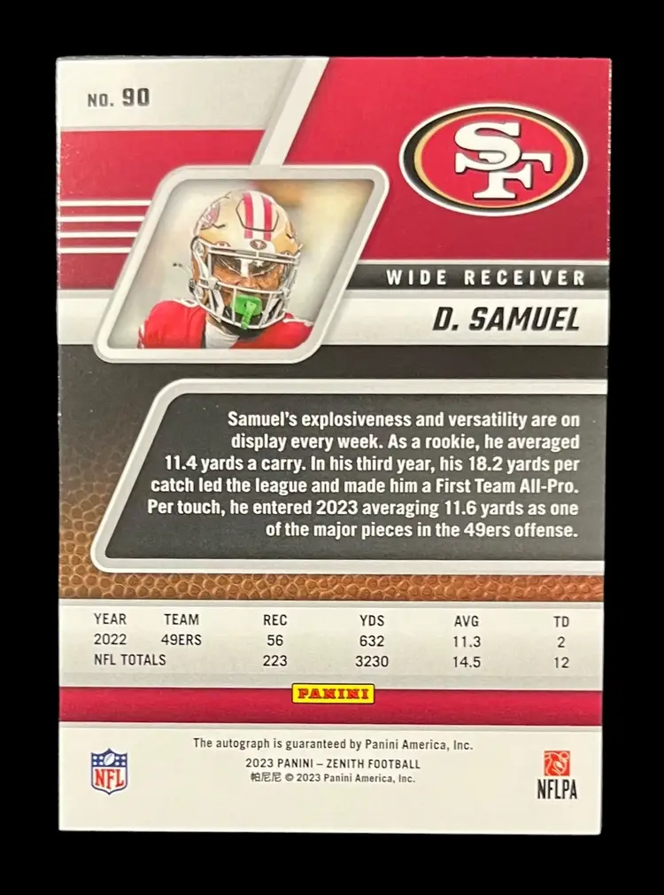 2023 Panini Zenith Deebo Samuel Gold Auto 02/10 Artist Proof Football Card - San Francisco 49ers
