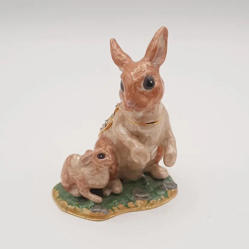 Bunny Rabbit Mama & Baby Jeweled Hinged Trinket Box Easter