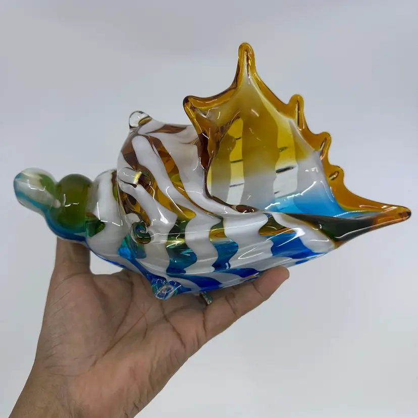 Art Glass Multi Colored Conch Shell Paperweight 9.5”