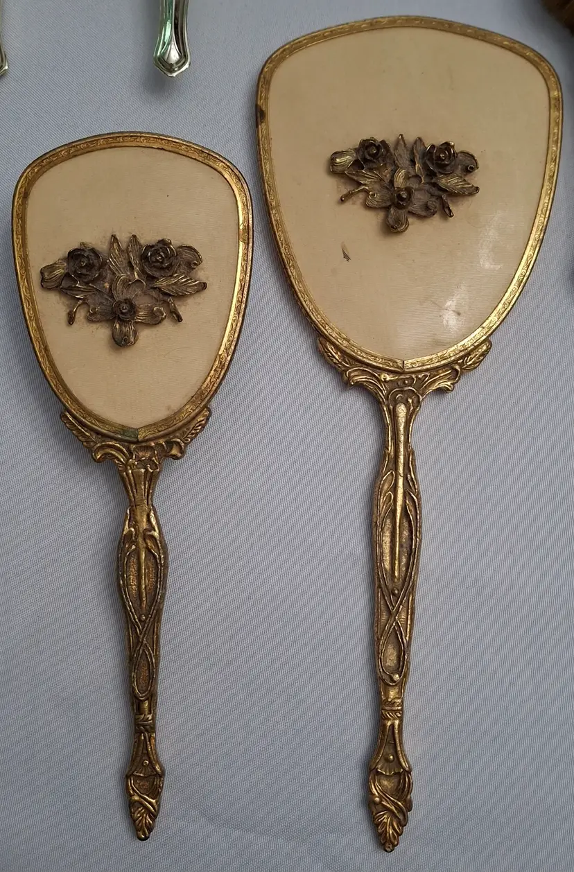 146 Vintage Art Nouveau Vanity Set – Floral Mirror & Brush – Gold Tone Dresser Set
