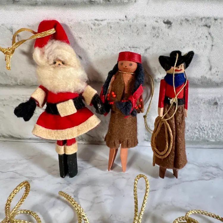 Set of 16 Vintage Wooden Clothespin Christmas Ornaments Tin Soldiers, Native American, Cowboy, Santa Claus