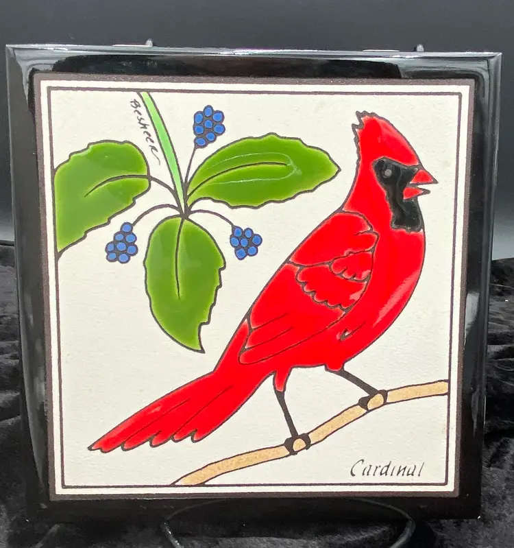 Besheer Cardinal and Berries Ceramic Art Tile, Hand Painted and Signed, 6” x 6”