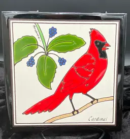 Besheer Cardinal and Berries Ceramic Art Tile, Hand Painted and Signed, 6” x 6”