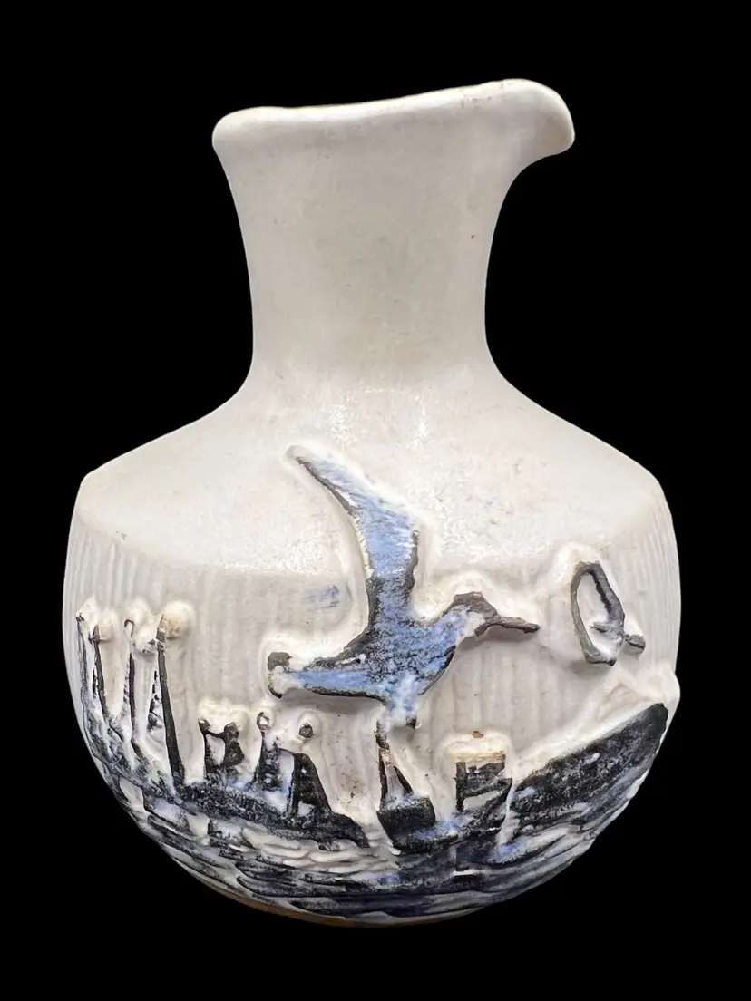 Vintage Pacific Stoneware Pottery Vinegar Cruet Jug Seagull Dock Signed B Welsh