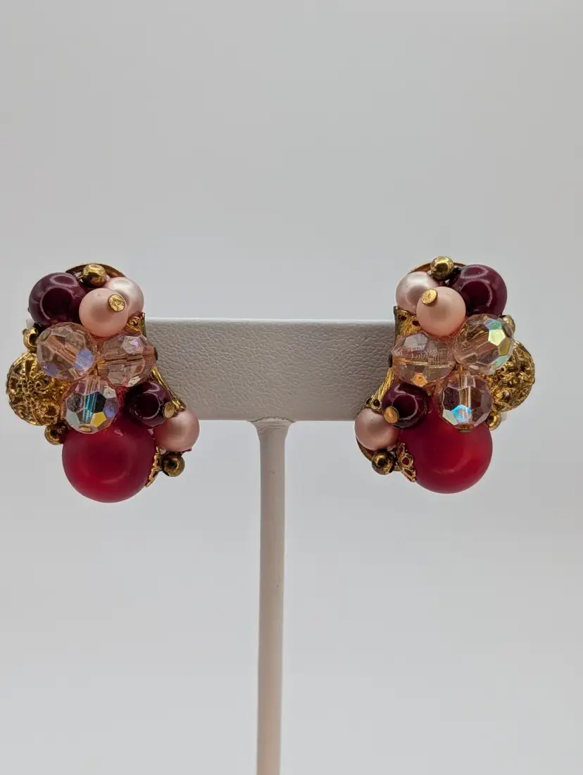 Vintage Cranberry And Pink AB Clip On Cluster Earrings With Gold Tone Filligree