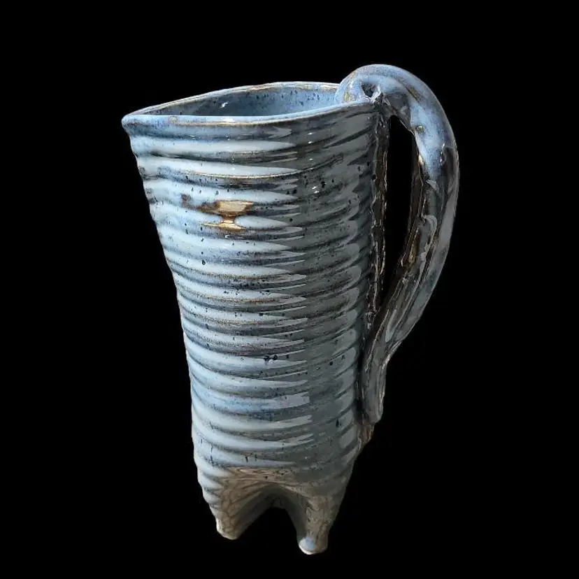 Rustic Abstract Artisan Pottery Pitcher Four Footed Sky Blue Vintage