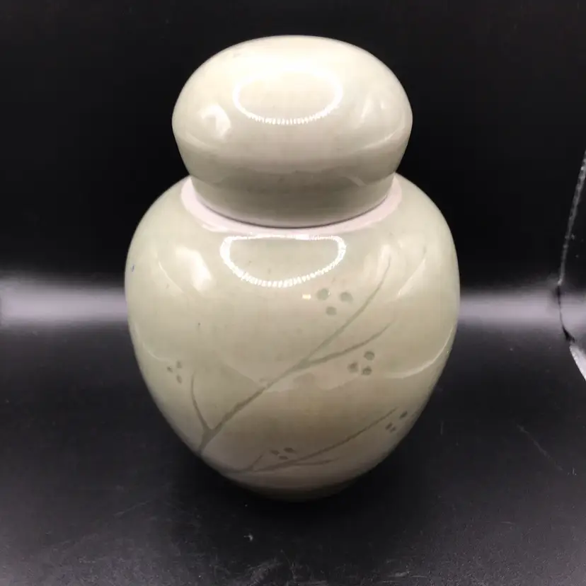 Artisan Celadon Green Lidded Ginger Jar Cut In Pottery Design Signed