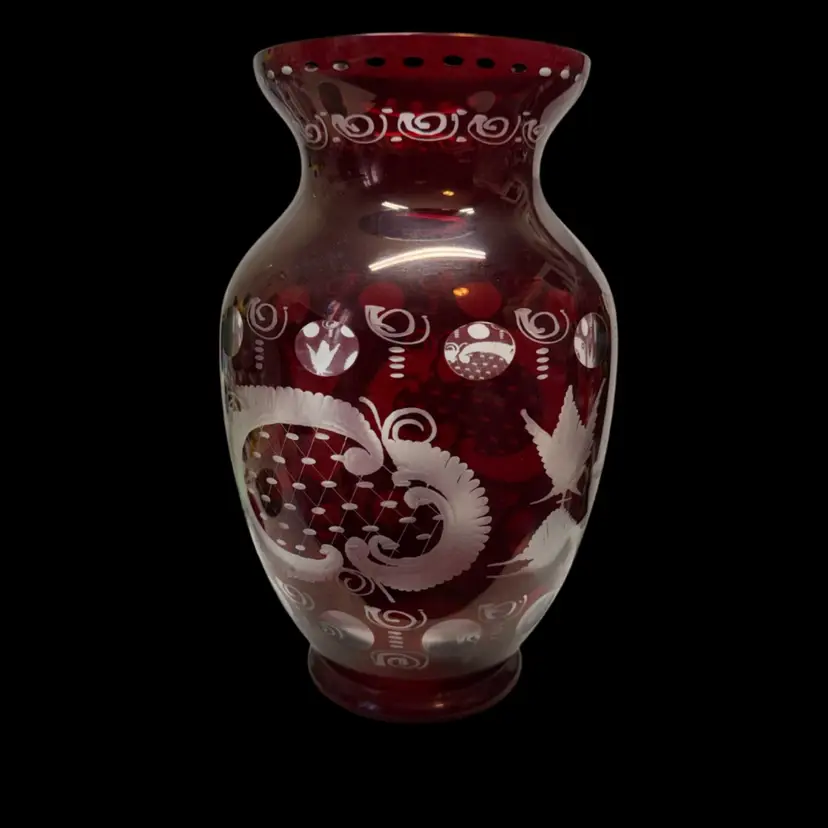 M1880-1910 EGERMANN BOHEMIAN cranberry GRAVIC CUT GLASS 8 1/2" VASE