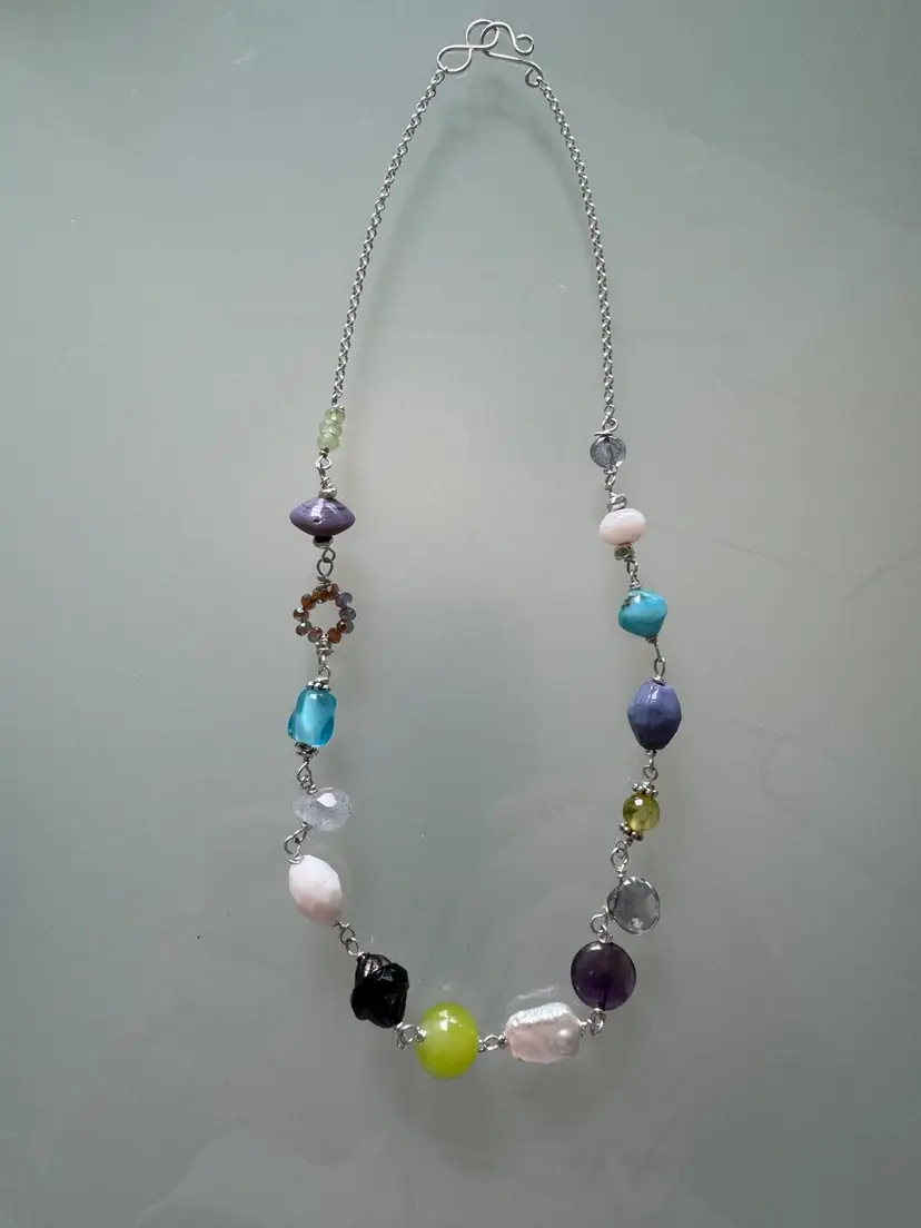 #29 Sterling Silver Dainty Chain Necklace With Colors Of Grape Lime Snow White And Aqua Gemstones In Multiple Shapes And Sizes 16 1/4”