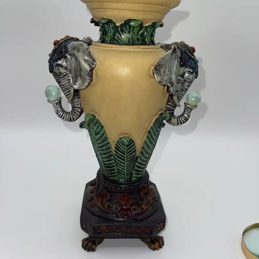 Elephant Adorned African Savanna Aesthetic Resin Vase W/ Lion Claw Feet 10”