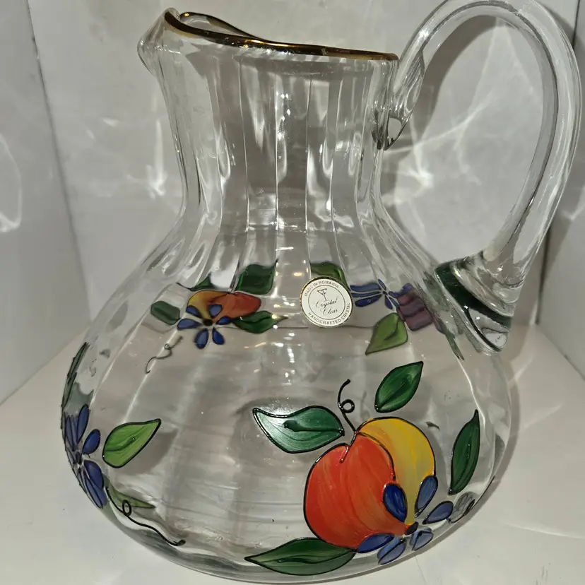 Fifth Avenue Crystal Ltd Hand Painted Gold Rim 8" Pitcher Made in Romania