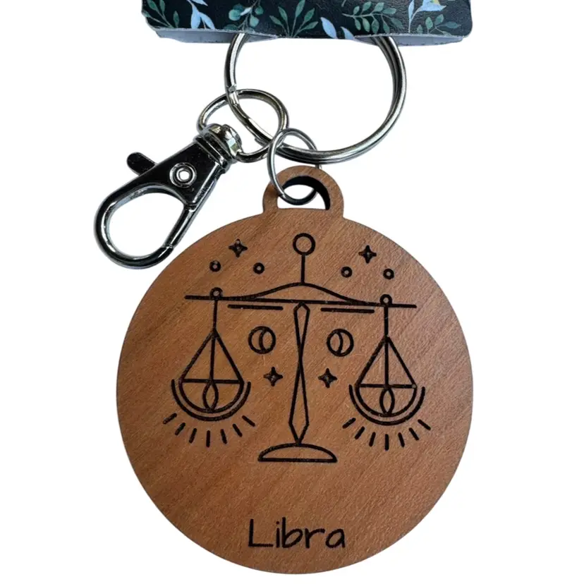 New Wooden Libra Zodiac Engraved Keychain