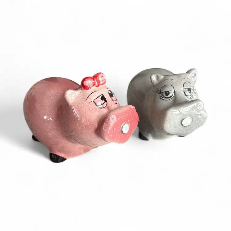Vintage Magnetic Nosed Pink And Gray Kissing Hippo Salt And Pepper Shakers
