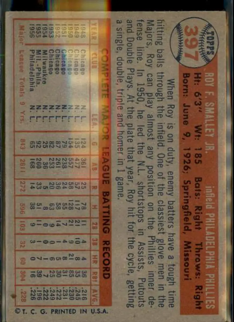 1957 Topps #397 Roy Smalley - ( pk1 ) - Philadelphia Phillies