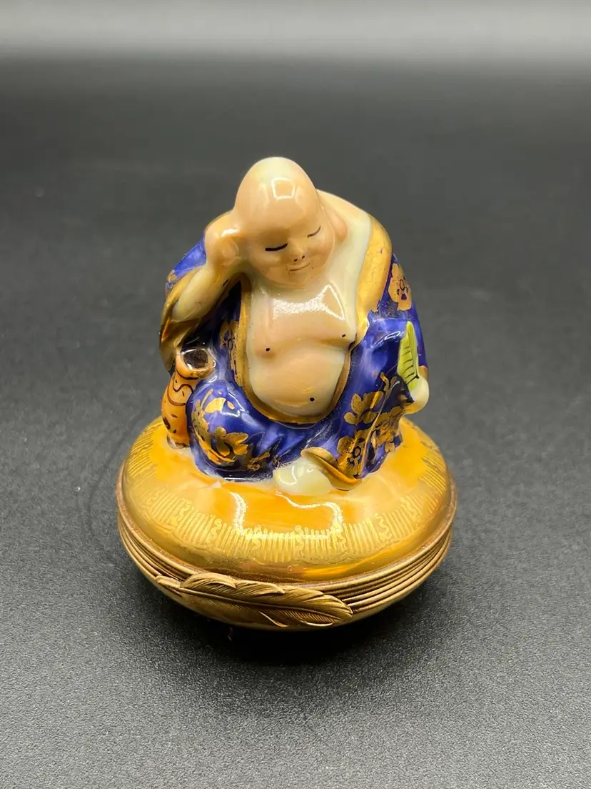 Limoges Hand Painted Porcelain Thinking Blue Robe Buddha Hinged Lidded Trinket Box 2.5” 🪶