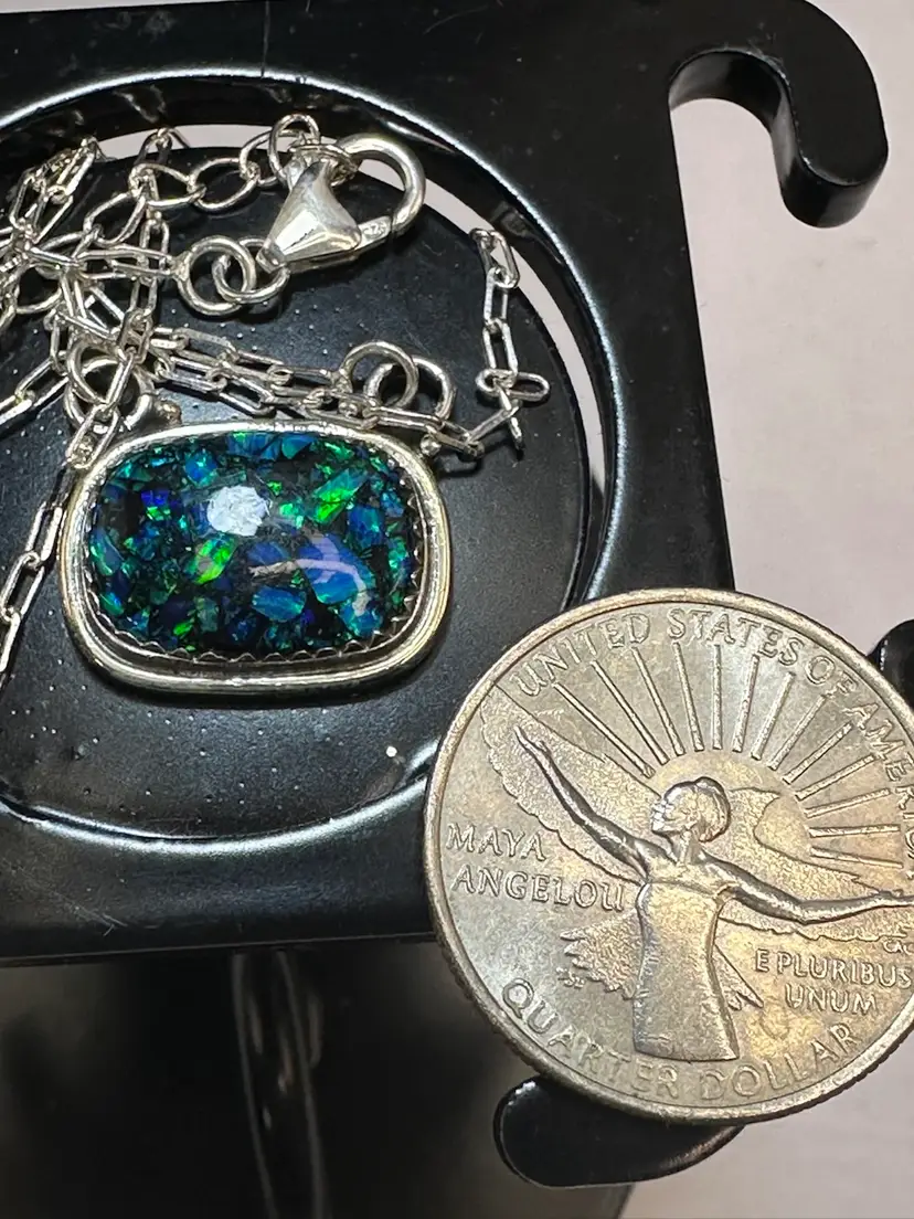 Sterling Silver Artisan Made Aurora Fire Opal Pendant Necklace 20 inch with extender 925 link chain
