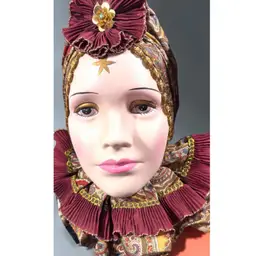 Vintage Bisque Mask Decorated beads lace and fabric  with ornaments About 12” X 9”