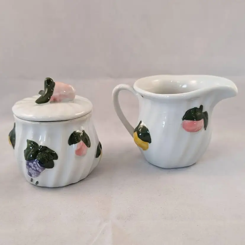 Vintage Ceramic Mini Creamer & Sugar Bowl Set - Swirl with Fruit - Unbranded