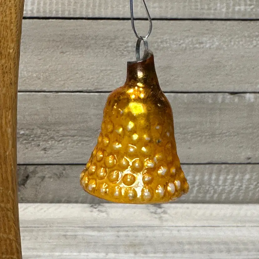 #08 Handblown Vintage Christmas Feather Tree Ornaments Set of 2 Gold Bells1 1/4" x 1 1/4"