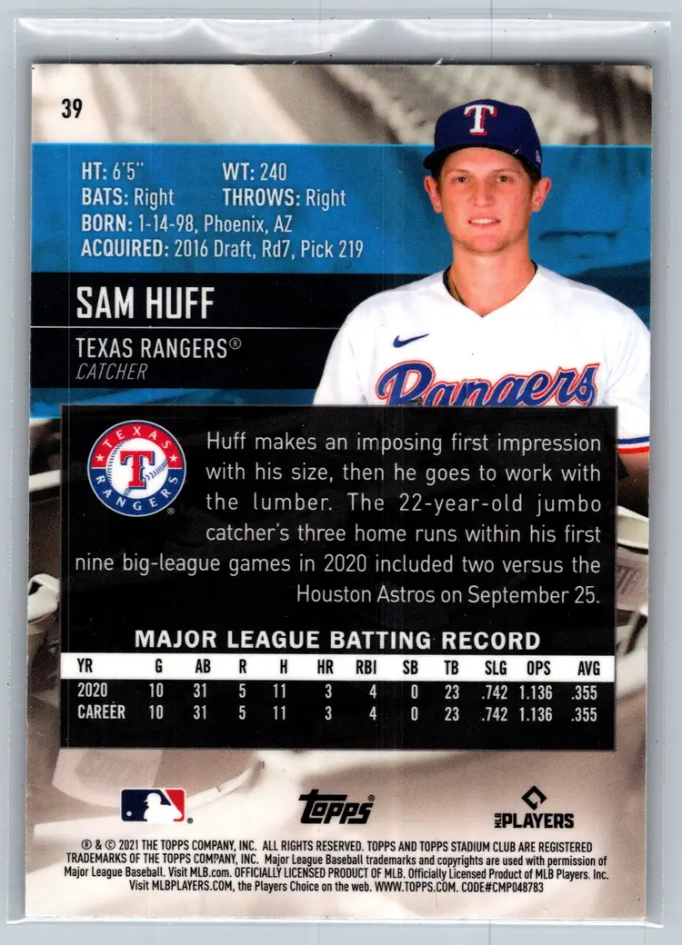 Sam Huff 2021 Topps Stadium Club Chrome Refractor RC #39 Texas Rangers