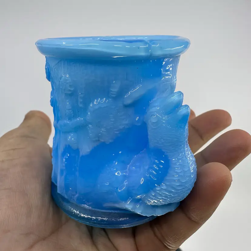 Akro Agate Slag Glass " Cycle-up" Bird in Tree Stump Toothpick holder