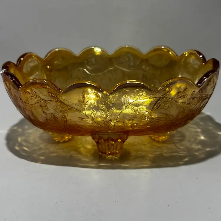 Vintage Jeannette Iridescent Carnival Marigold Glass Oval Bowl In The Floragold Pattern.