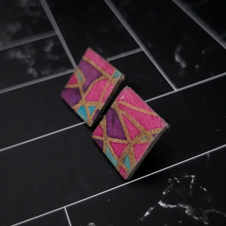 Vintage Stud Earrings Pink/Purple/Teal Geometric Artist Statement