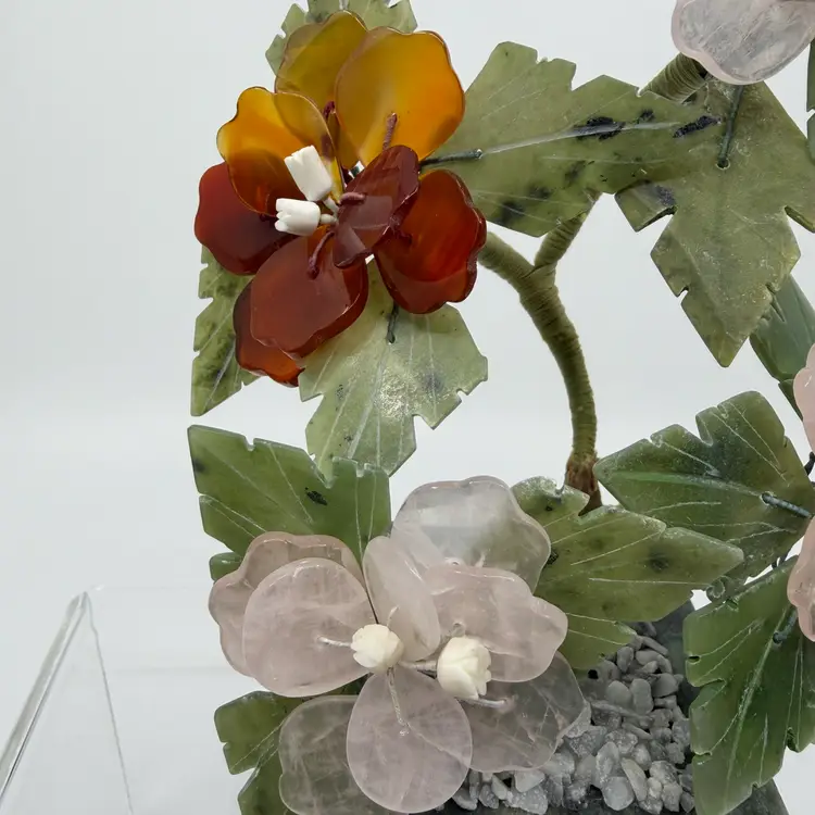 Vintage Chinese Jade/stone Pink & Orange Flowers & Leaves Marble Pot 7”